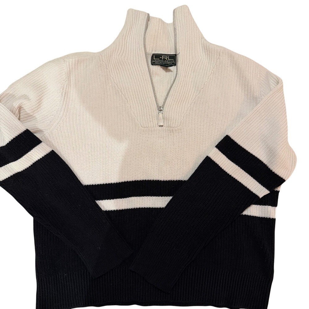 L-RL Ralph Lauren Active Quarter Zip‎ Sweater Sz L 100% Cotton Black White